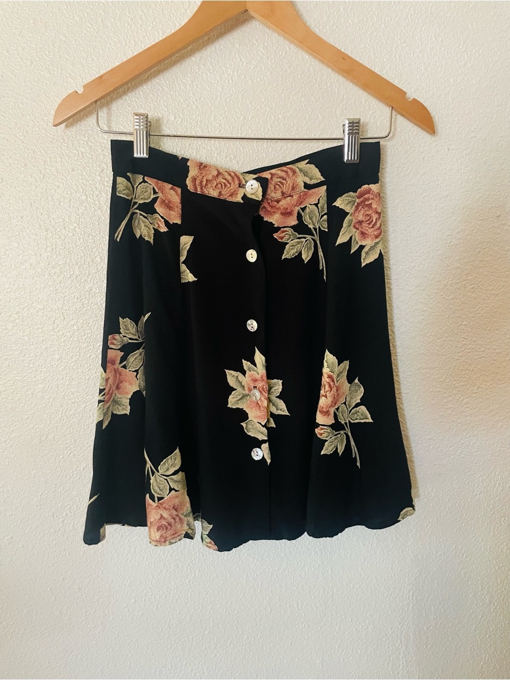 Vintage Byer California Black Mini Skirt with Pink Rose Print Size XXS